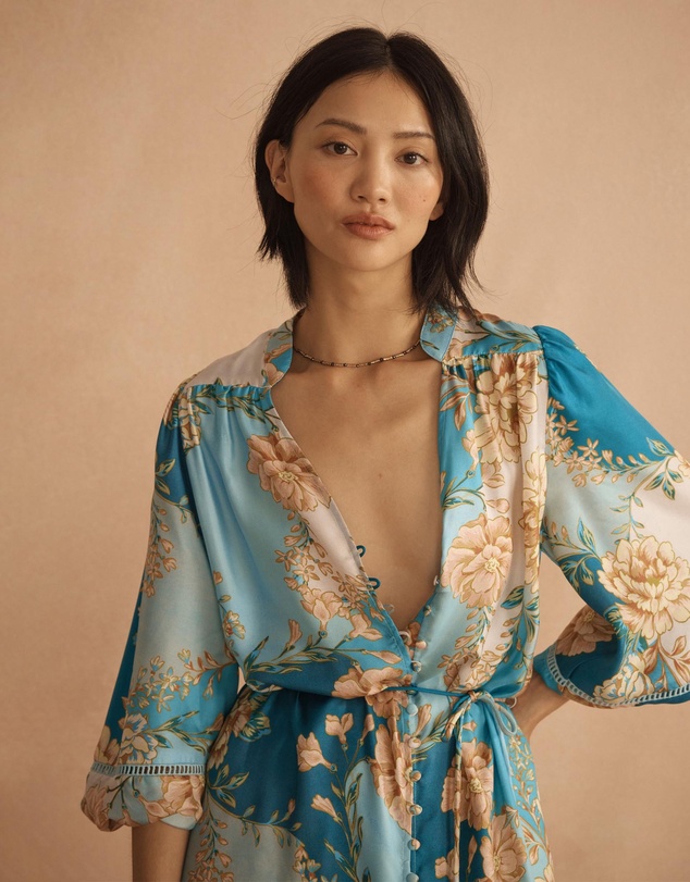 AUR OCEA - Silk Blousson Frill Midi Dress