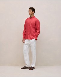 Trenery - Regular Fit Linen Classic Long Sleeve Shirt in Crimson