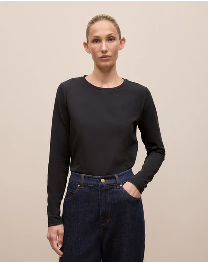 Trenery - Cotton Long Sleeve Crew T-shirt in Black