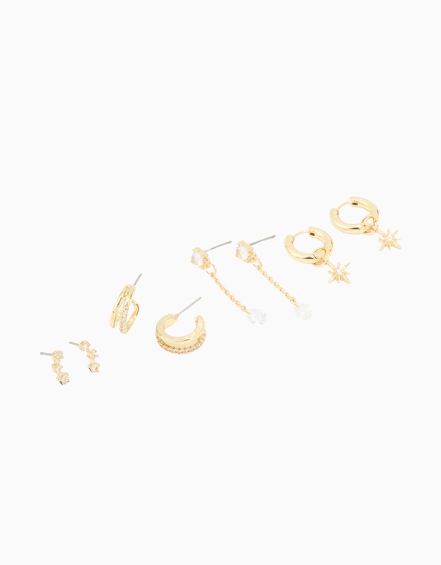Lovisa - Gold Plated Cubic Zirconia Celestial Hoop & Chain Drop Earrings 4-Pack