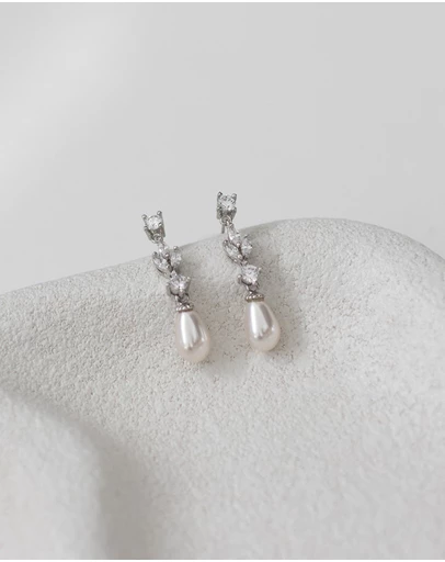The White Collection - Hazel - Silver Pearl Bridal Drop Earrings