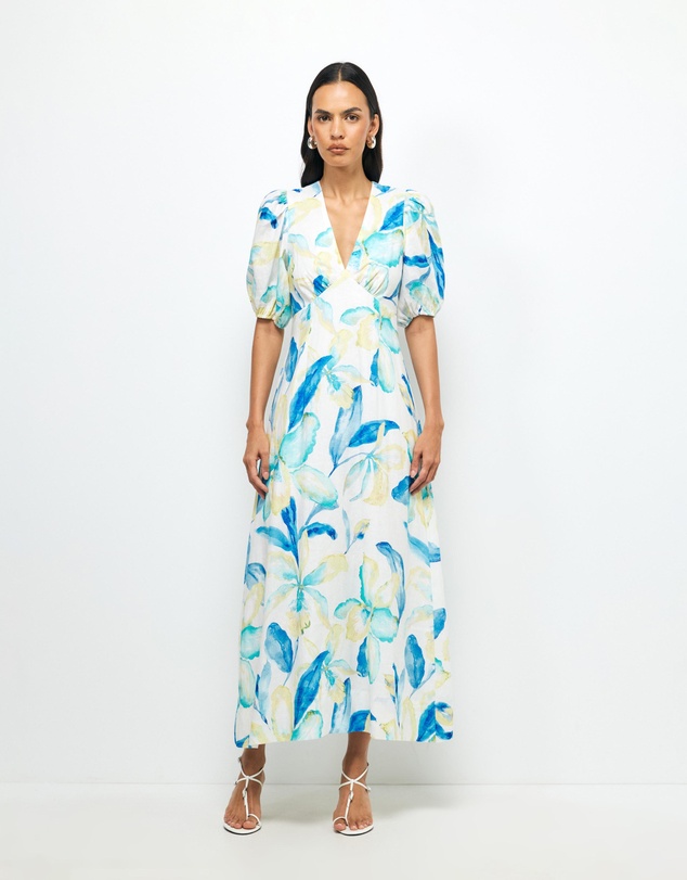 AERE - Kira Puff Sleeve Linen Midi Dress