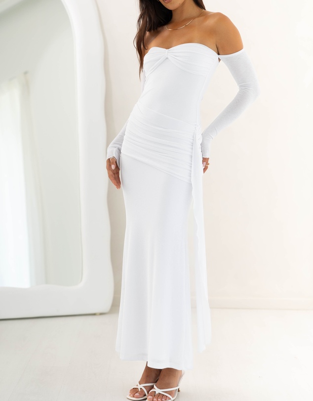 Beginning Boutique - Breanna White Long Sleeve Ruched Maxi Dress