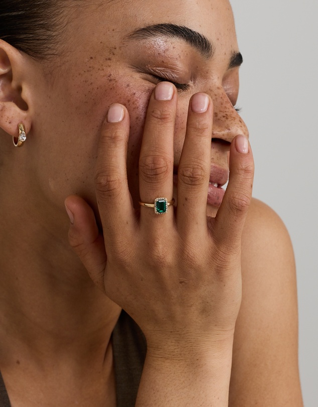 Michael Hill - Emerald Cut Green Created Emerald Gemstone and Diamond Halo Ring in 10kt Yellow Gold
