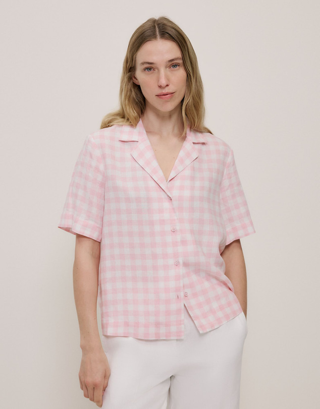 Trenery - Gingham Linen Short Sleeve Shirt in Blossom Pink
