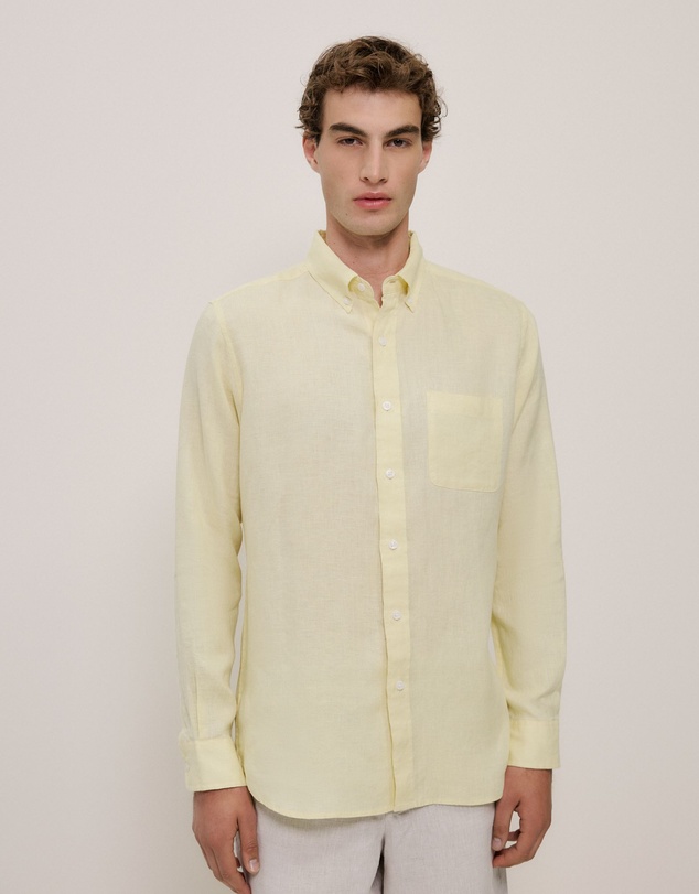 Trenery - Regular Fit Linen Classic Long Sleeve Shirt in Lemonade