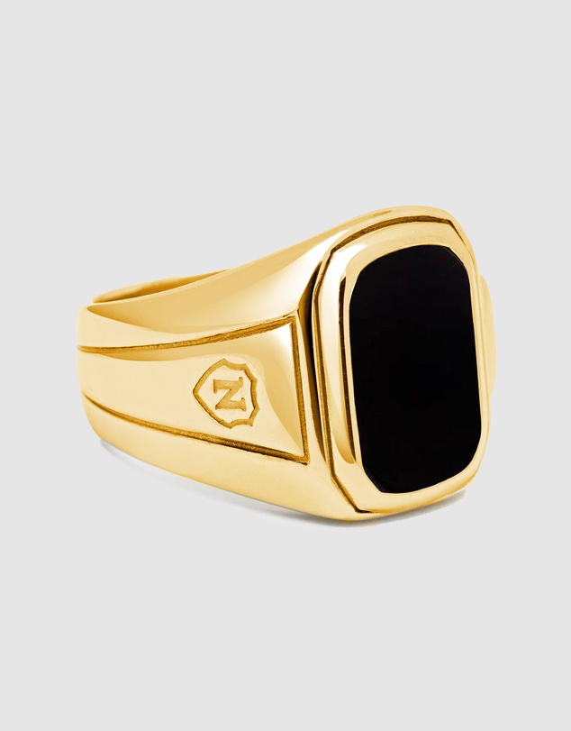 Nialaya Jewellery - Men's Oblong Gold Plated Signet Ring With Onyx