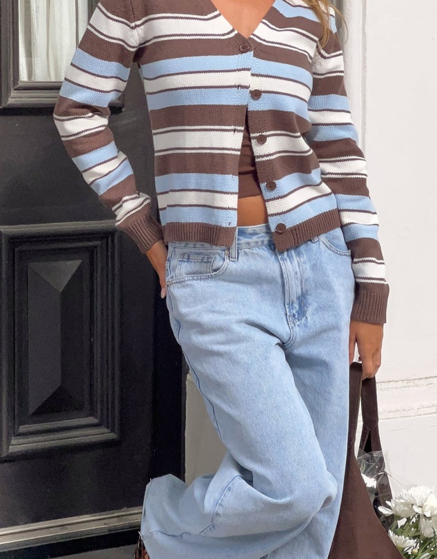 Beginning Boutique - Misha Brown and Blue Stripe Button Down Cardigan