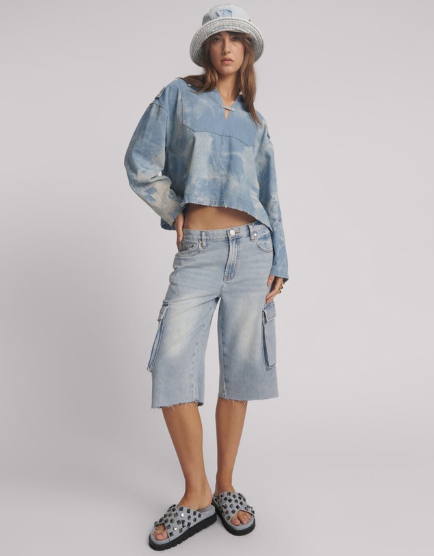 ONE TEASPOON - Skater Girl Low Waist Super Long Leg Denim Jorts - Soft Blue