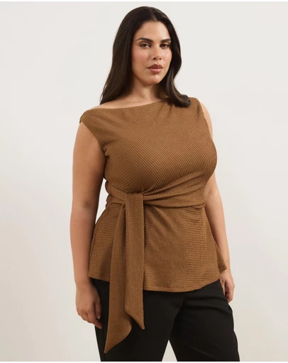 Atmos&Here Curvy - Textured Cut Sew One Shoulder Top With Waist Tie Detail