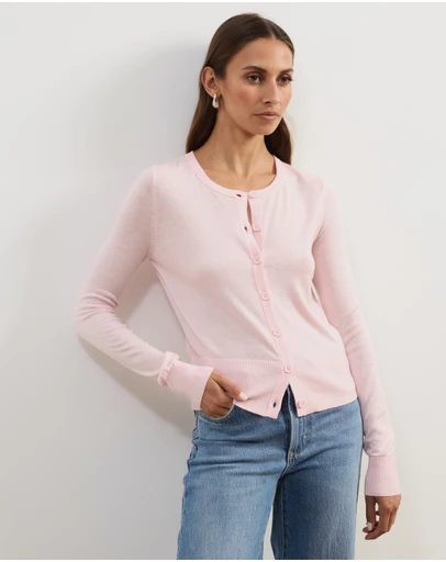 Atmos&Here - Elina Crewneck Knit Cardigan With Rib Hem