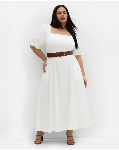 City Chic - Plus size Collins Puff Sleeve Belted Maxi Dress - ivory