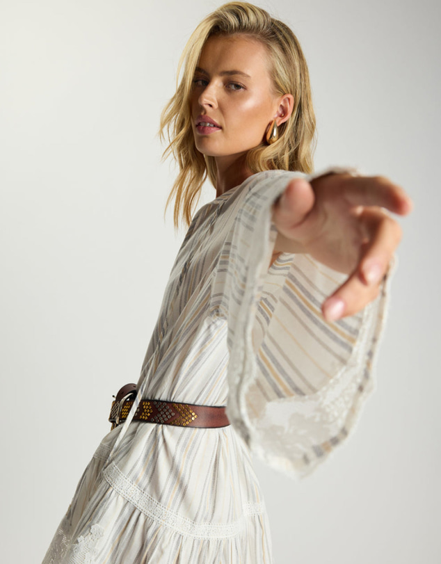 ONE TEASPOON - Moonlight Prairie Lace Longsleeve Mini Dress - White Stripe