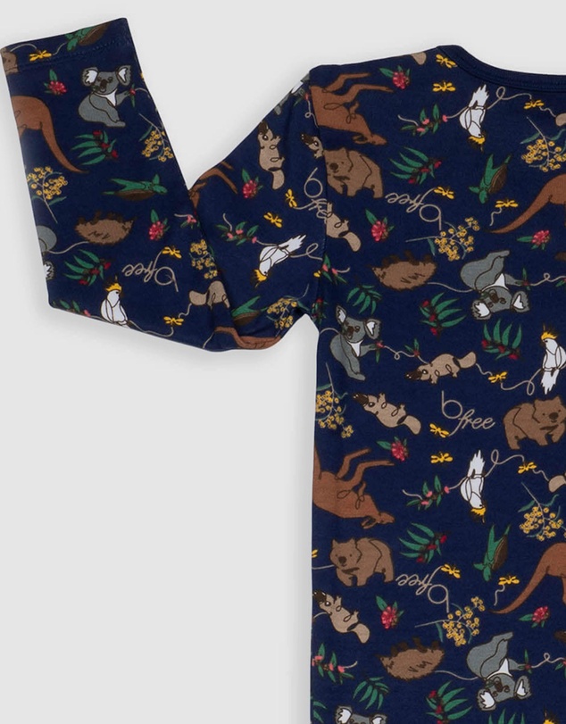B Free Intimate Apparel - Baby Snap Button Sleepsuit with Booties - 100% Organic Cotton - Navy Native Aussie Animals