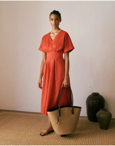 Trenery - Cotton Sateen Pleat Waist Dress in Crimson