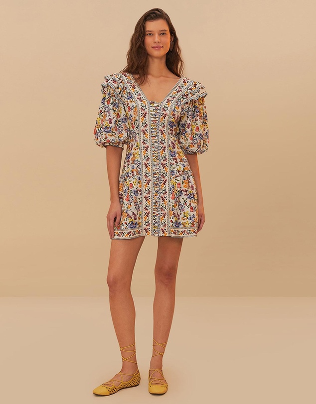 Farm Rio - Greek Garden Off-White Topstitched Yoke Mini Dress