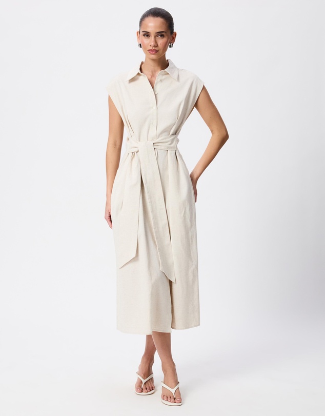 Tussah - Joanna Linen Blend Tie Front Midi Shirt Dress