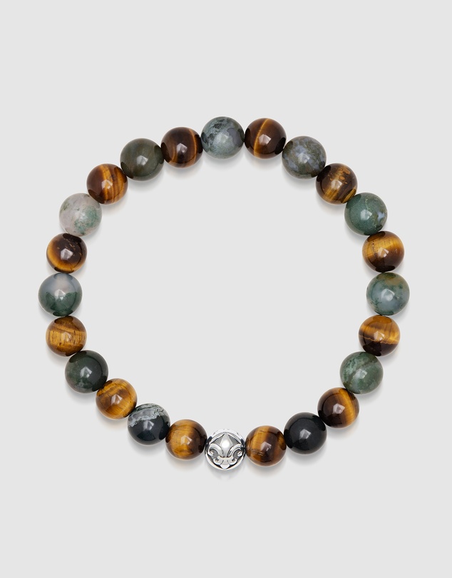 Nialaya Jewellery - Men's Wristband with Aquatic Agate, Brown Tiger Eye and Silver
