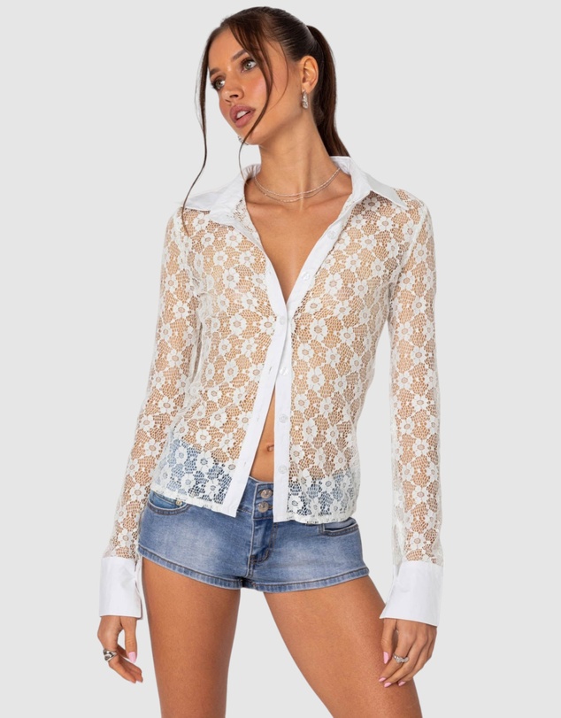 EDIKTED - Cecilia Sheer Lace Button Up Shirt