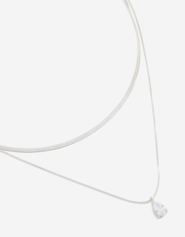 Lovisa - Waterproof Stainless Steel Cubic Zirconia & Chain Pendant Layered Necklace