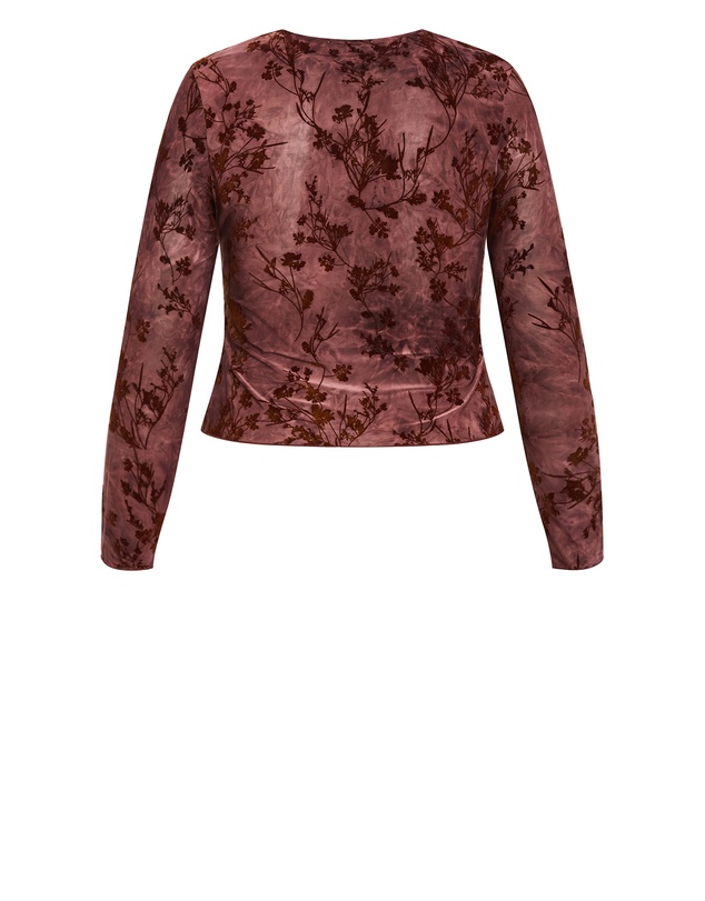 City Chic - Plus size Devore Flock Print Top - choc cherry