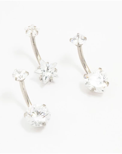 Lovisa - Surgical Steel Star & Heart Crystal Belly Piercing 3-Pack