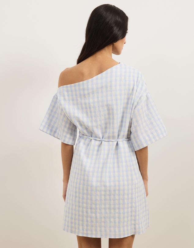 Atmos&Here - Olive Off Shoulder Gingham Mini Dress With Tie Waist
