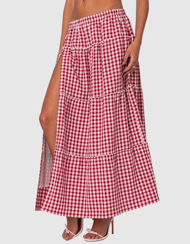 EDIKTED - Gingham Side Slit Tiered Maxi Skirt