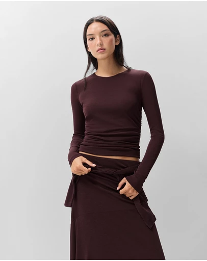 UNISON - Long Sleeve Ruched Mesh Top