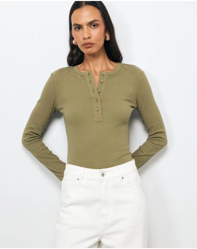 AERE - Della Long Sleeve Rib Henley Top