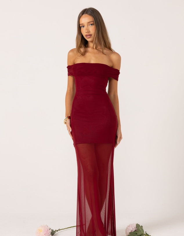Beginning Boutique - Tabitha Wine Off Shoulder Mesh Maxi Dress