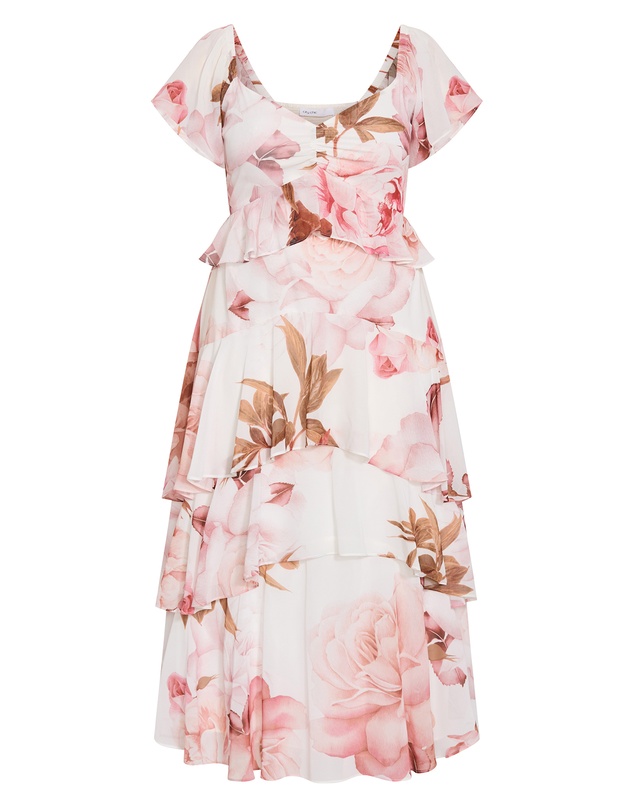 City Chic - Plus size Sienna Petal Print Tier Maxi Dress - cream