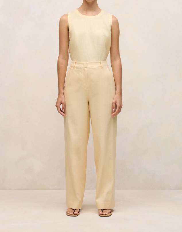 Trenery - Linen Cotton Herringbone Tailored Wide Leg Pant in Butter