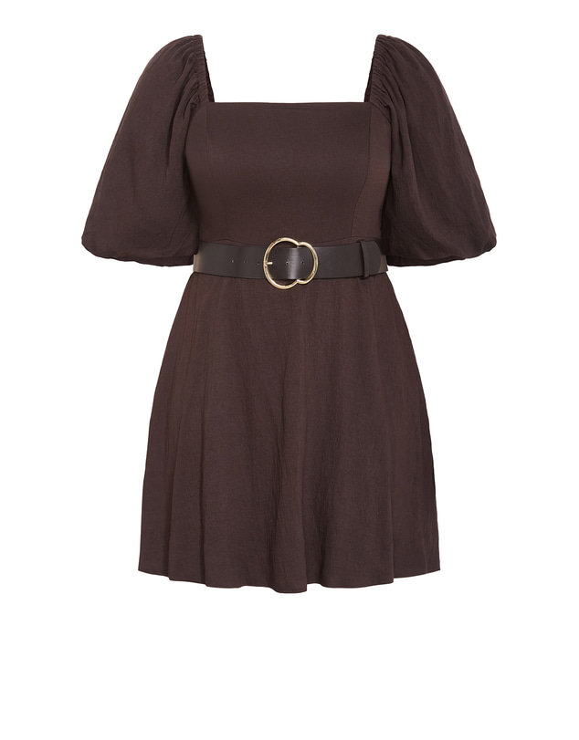 City Chic - Plus size Collins Puff Sleeve Belted Mini Dress - chocolate