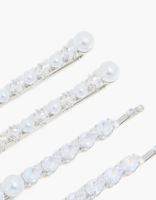 Lovisa - Silver Plated Cubic Zirconia & Pearl Hair Clips 4-Pack