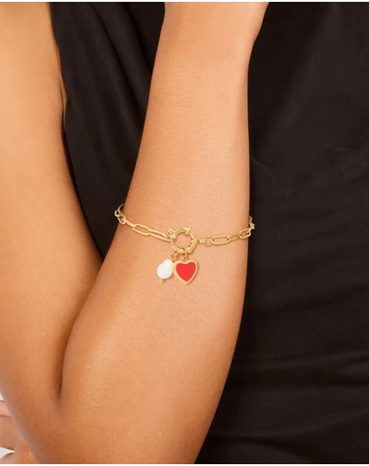Lovisa - Waterproof Gold Plated Stainless Steel Red Enamel Heart & Pearl Charm Bracelet