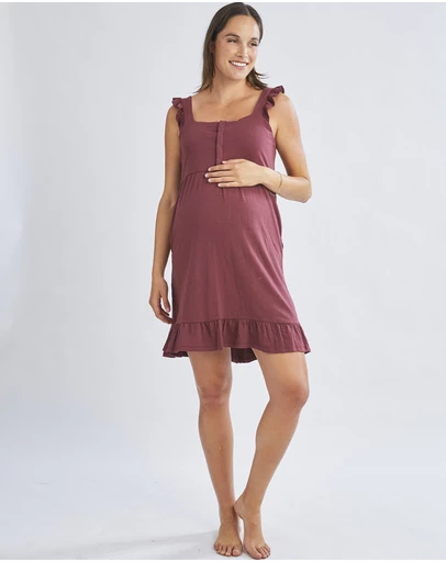 Angel Maternity - Grace Hospital Birthing Gown/Night Dress with Nursing Access - Burgundy