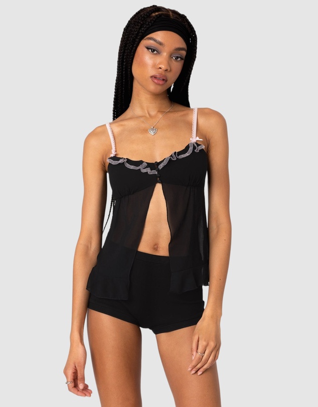 EDIKTED - Sheer Split Front Babydoll Top