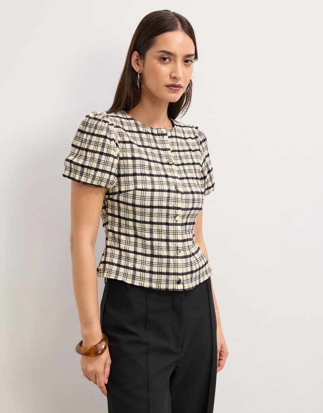 The Fated - Adela Check Puff Sleeve Top