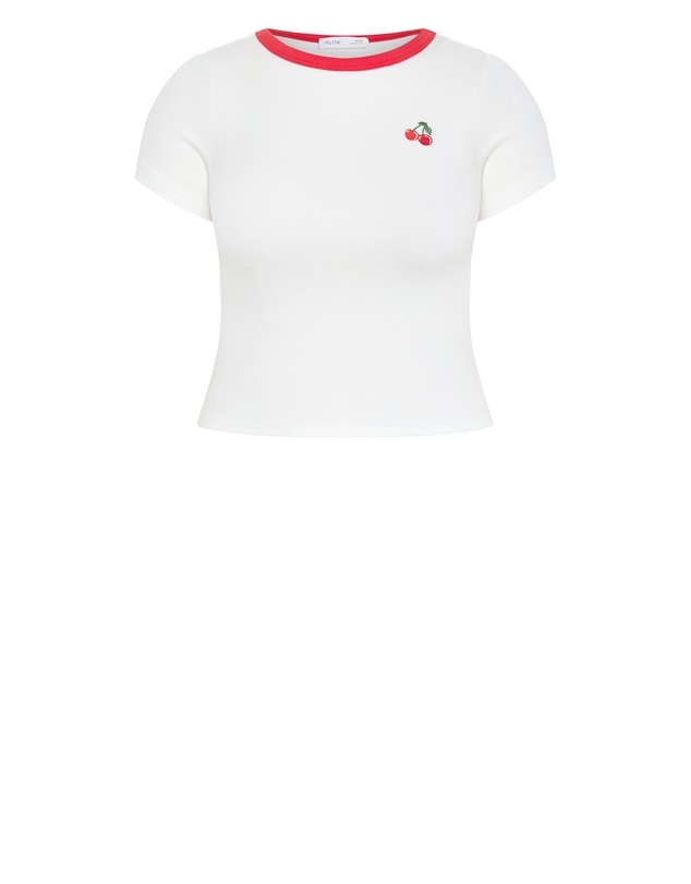City Chic - Plus size Micro Cherry Print Tee - ivory