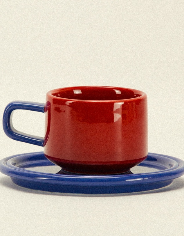 Dennis Did It - Spill the Tea Cup and Saucer Red and Blue