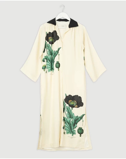 Revibe - Repaired Oroton Graphic Poppy Silk Column Dress - AU 6