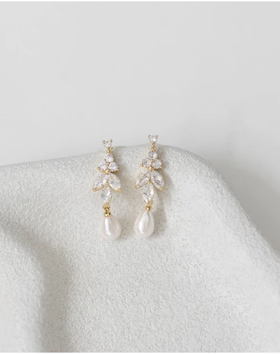 The White Collection - Holly - Art Deco Gold Pearl Bridal Earrings