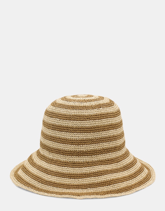 Morgan & Taylor - Dune Crochet Straw Bucket Hat in Tan Natural and Beige Stripe