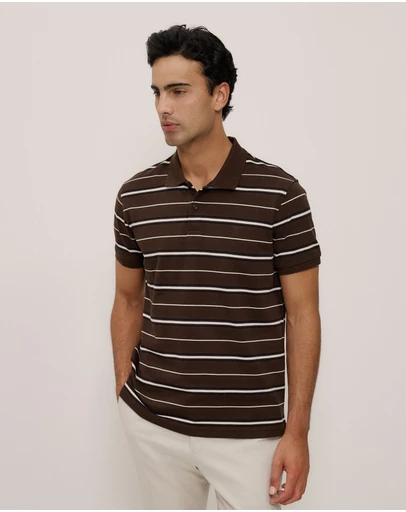 Trenery - Australian Cotton Pique Stripe Polo in Coffee