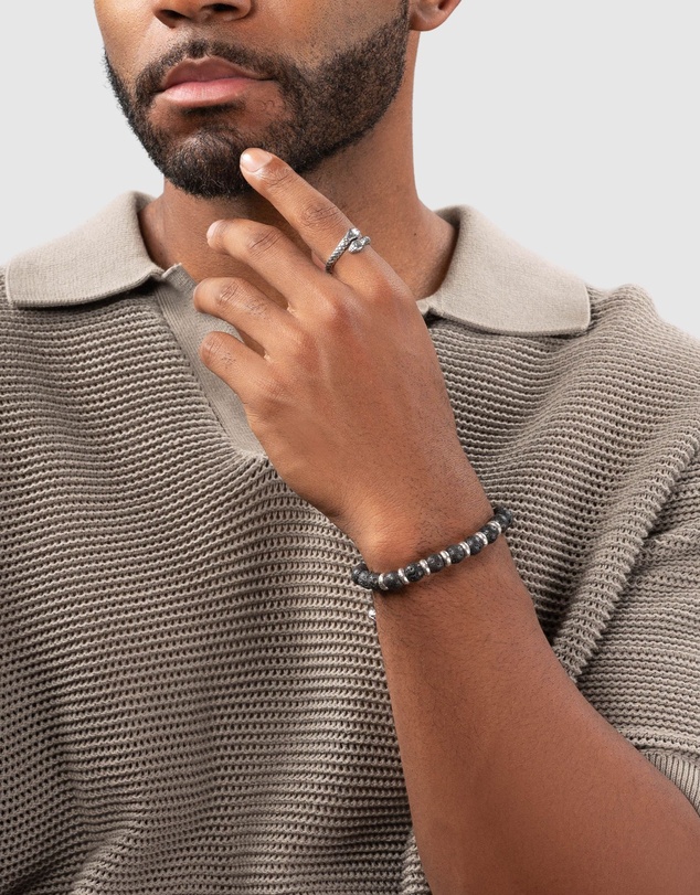 Nialaya Jewellery - Men's Sterling Silver Beaded Bracelet with Lava Stone
