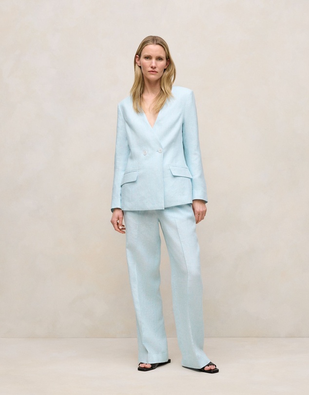 Trenery - Linen Collarless V Neck Blazer in Pastel Blue