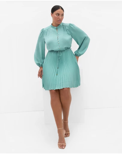 City Chic - Halle Long Sleeve Pleat Mini Dress