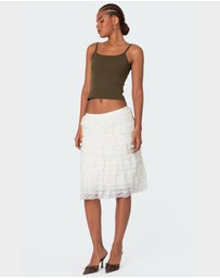 EDIKTED - Louise Lace And Mesh Ruffle Midi Skirt