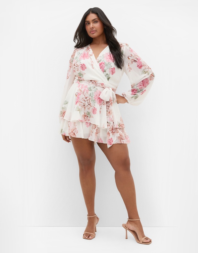 City Chic - Plus size Anna Floral Print Tier Playsuit - ivory